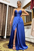Chic Long Royal Blue Sleeveless Prom Dress Spaghetti Strap With Front Split