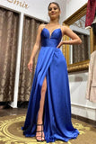 Royal Blue Spaghetti-Straps Long Prom Dress with Split BM bride
