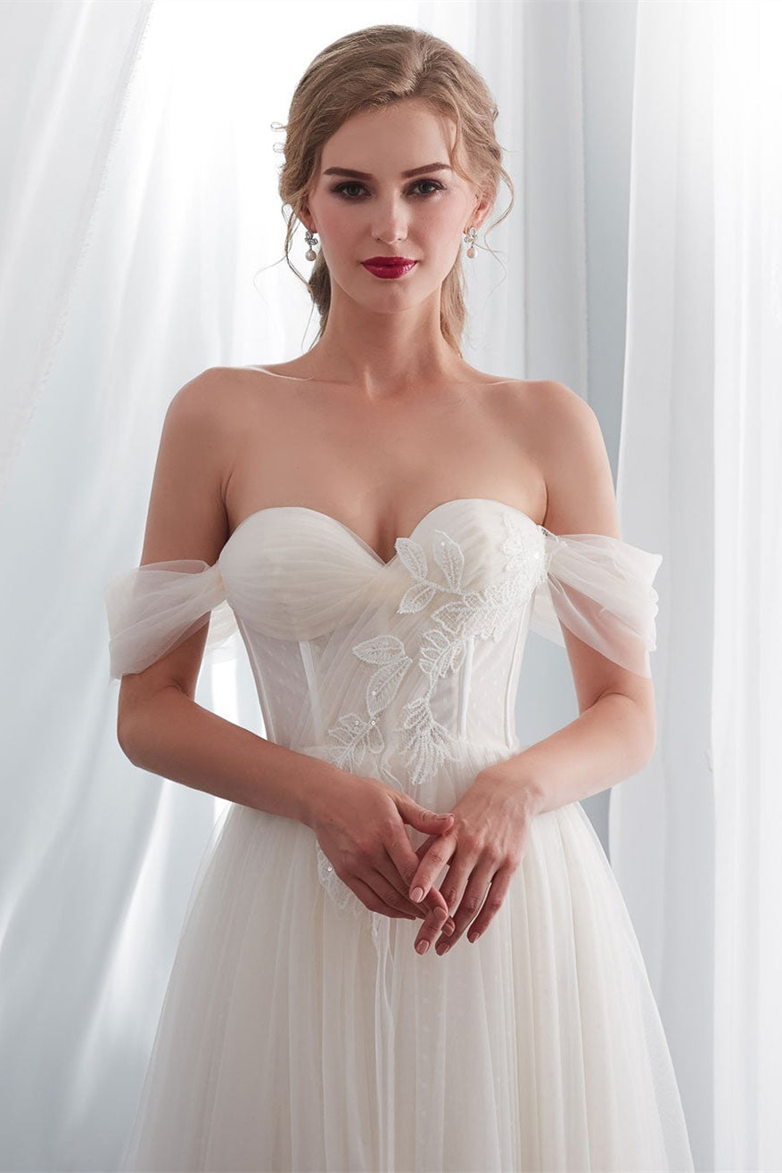 Long Off-the-Shoulder Tulle Wedding Dress BM bride