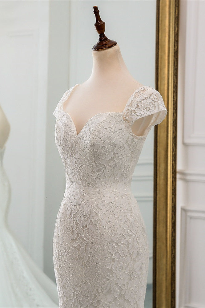 Sweetheart Lace Long Mermaid Wedding Dress with Cap Sleeves BM bride