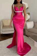 Fuchsia Spaghetti-Strap V-Neck Sleeveless Mermaid Prom Dress with High Slit BM bride