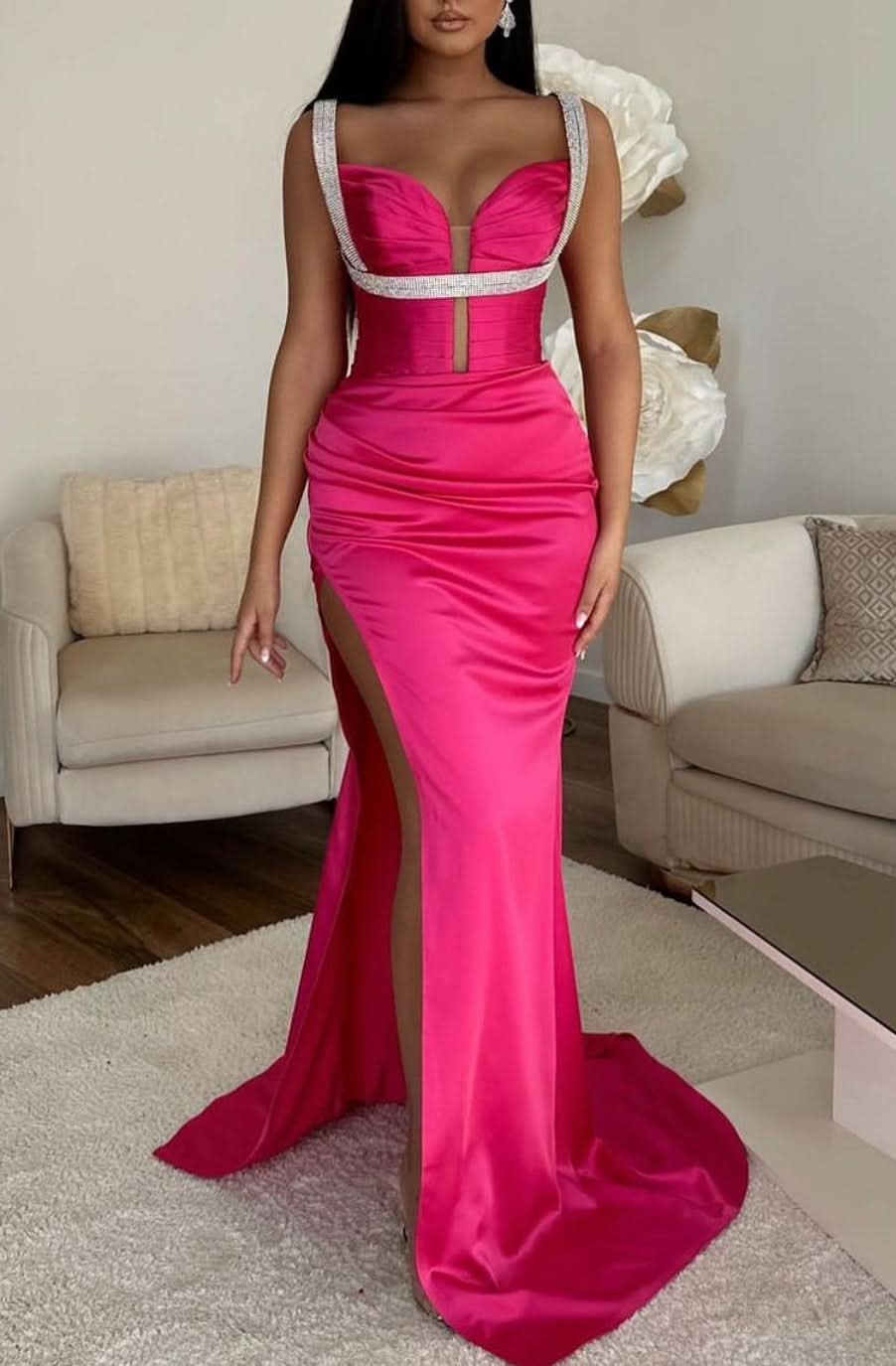 Fuchsia Spaghetti-Strap V-Neck Sleeveless Mermaid Prom Dress with High Slit BM bride
