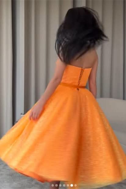 Sweetheart Orange Short Evening Dress with Sequins and Belt BM bride