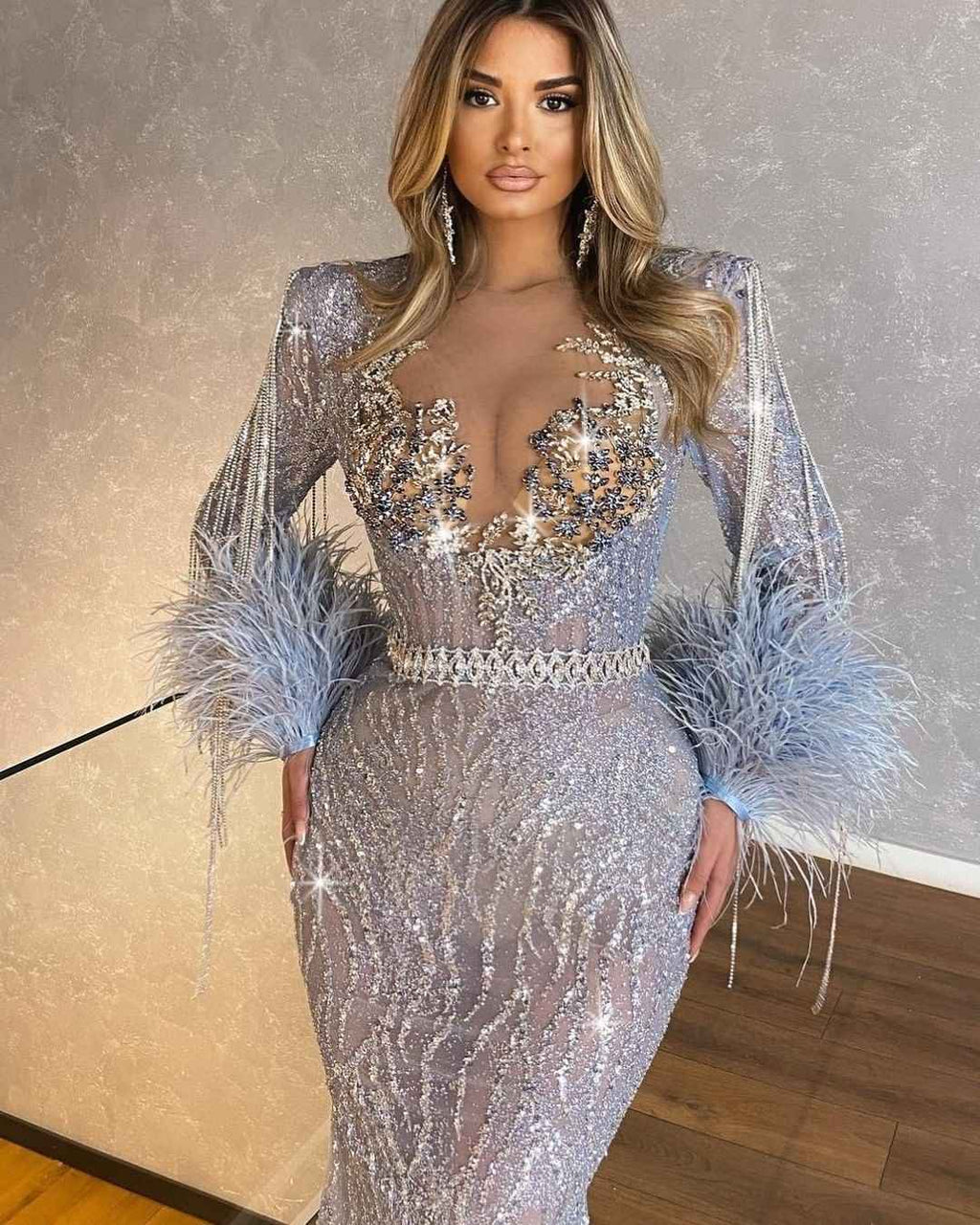 Long Sleeves Mermaid Beaded Tassels Long Prom Dress With Feathers