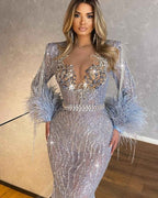 Long Sleeves Mermaid Beaded Tassels Long Prom Dress With Feathers