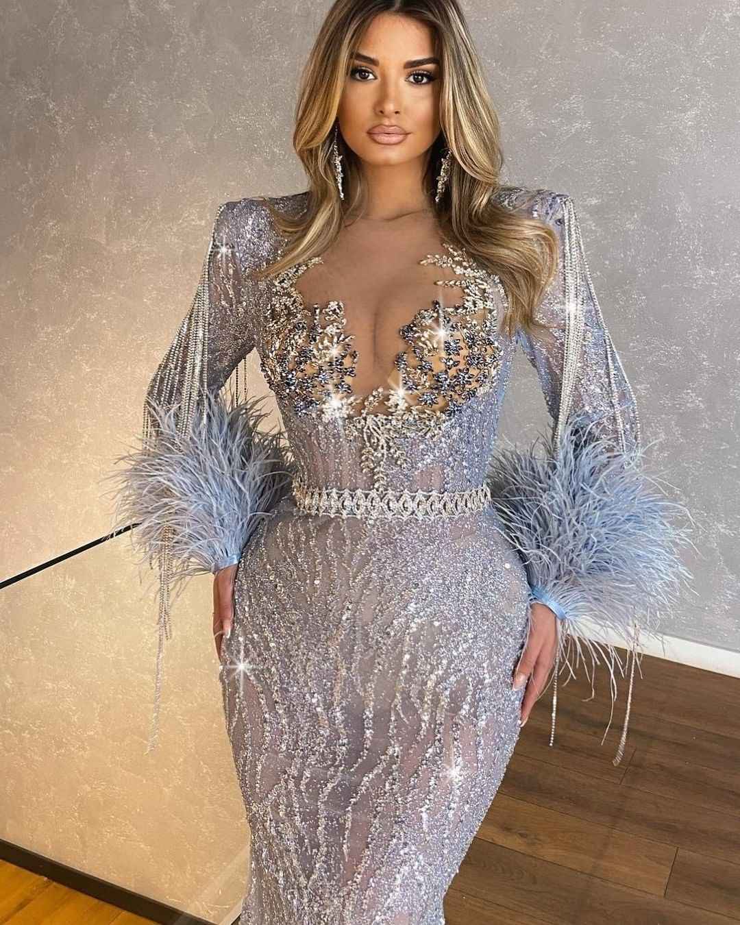 Long Sleeves Mermaid Beaded Tassels Long Prom Dress With Feathers