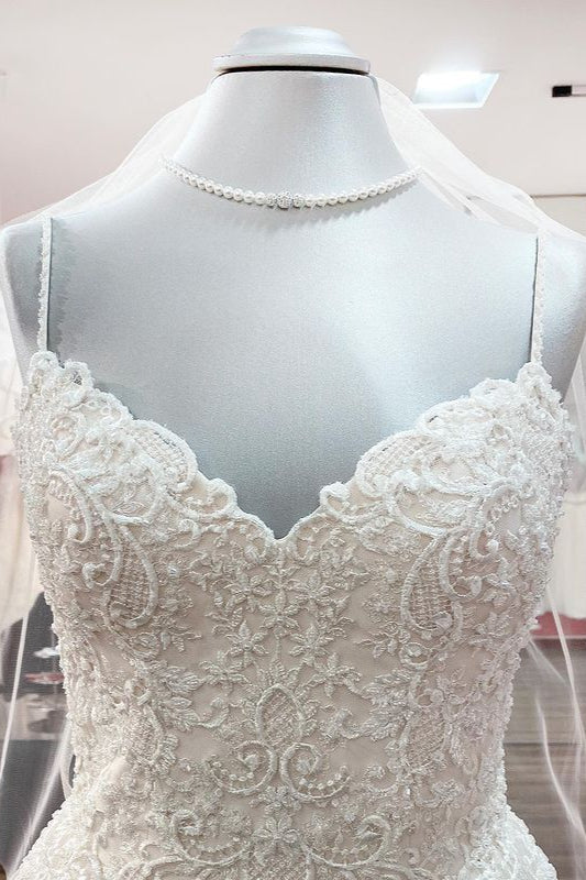 Sweetheart Long A-Line Spaghetti Strap Wedding Dress with Tulle Lace BM bride