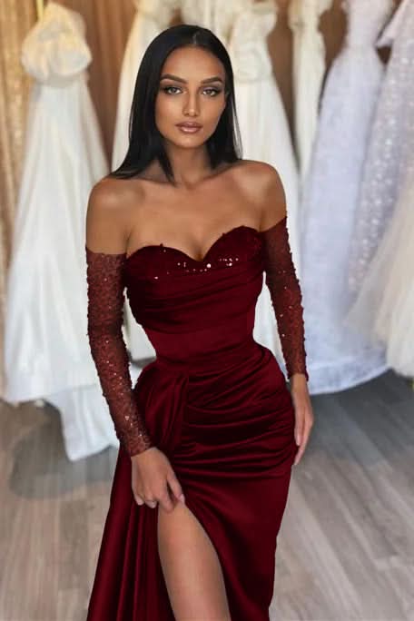 Black Prom Dress Sweetheart Short Sleeves with Pleated Slit BM bride