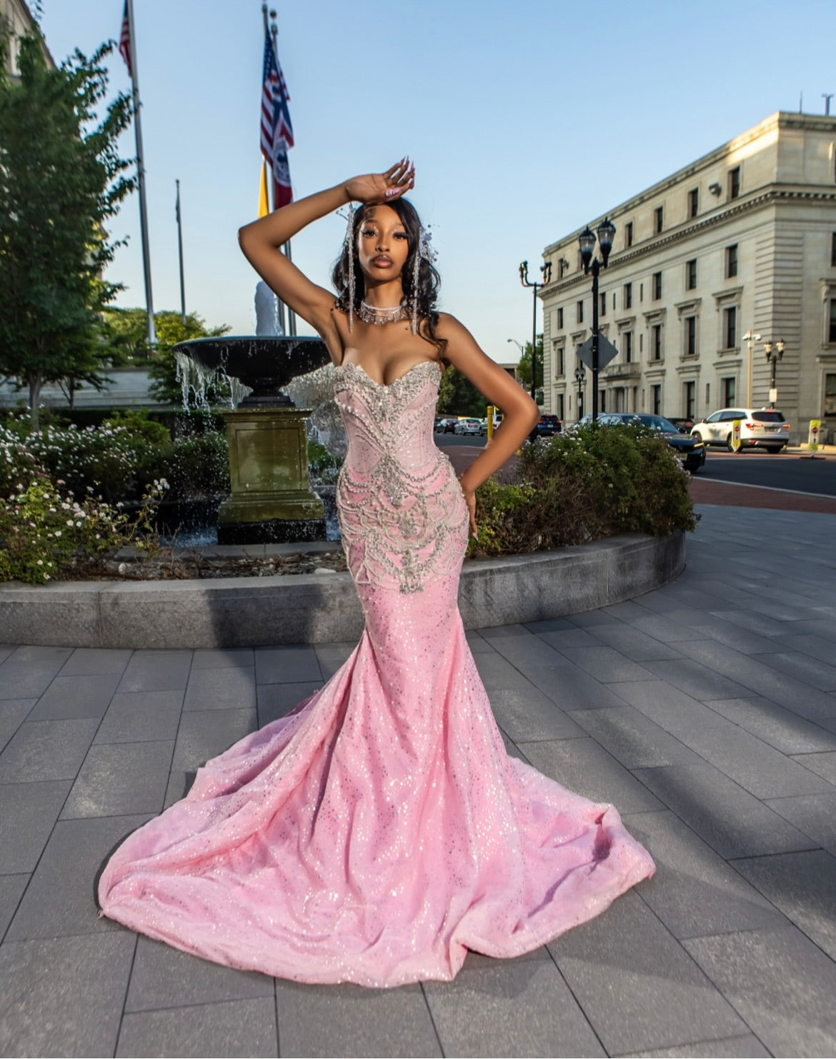 The Pink Princess - 2026 Crystal Beaded Mermaid Gown: Blush Pink with Silver Geometric Crystals & Dramatic Tulle Ruffle Overskirt
