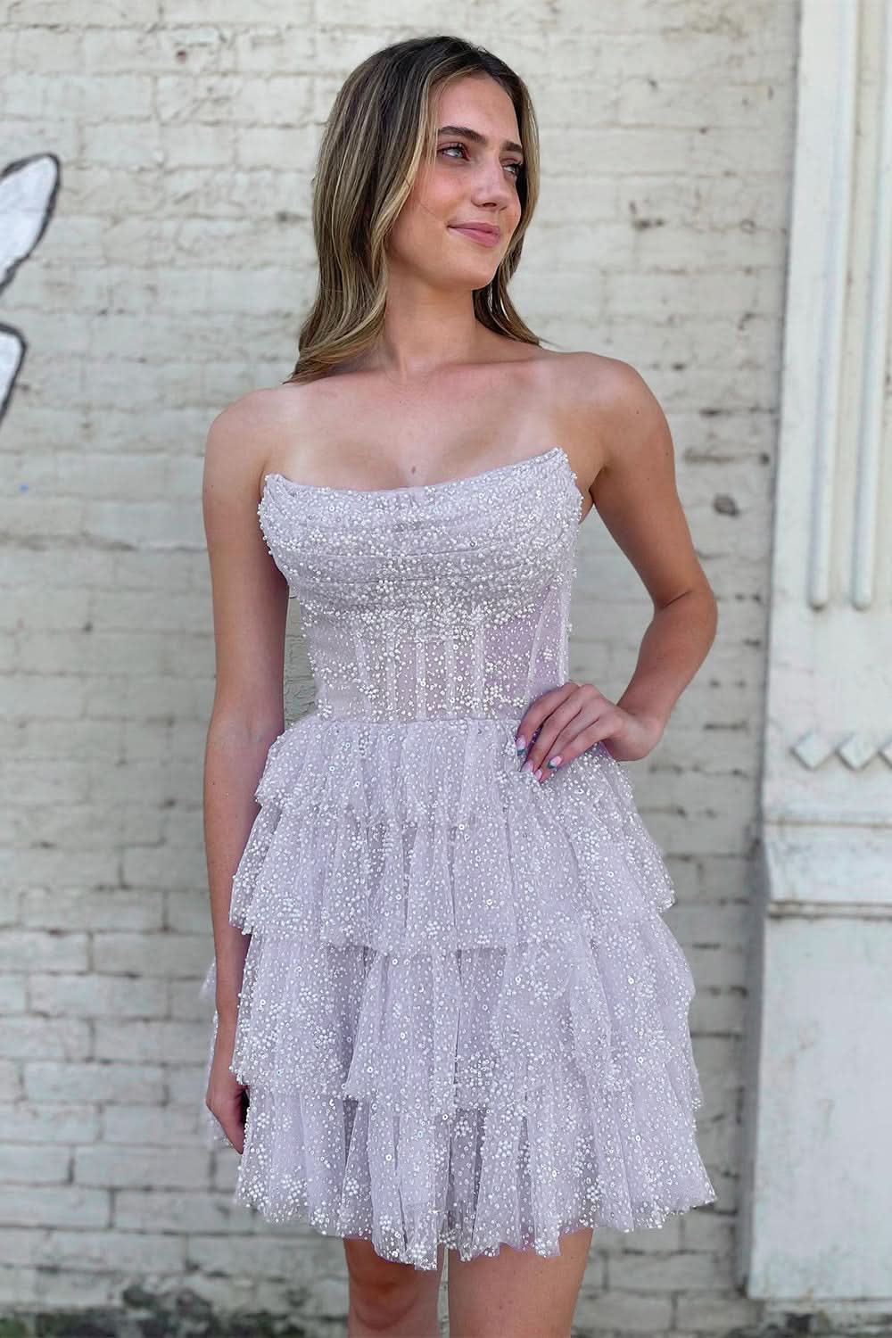 Strapless Tiered A-Line Homecoming Dress BM bride
