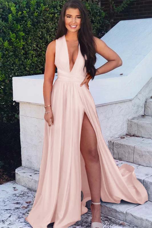 Sleeveless Fuchsia Deep V Neck Backless A Line Long Prom Dress With Split BMBRIDE