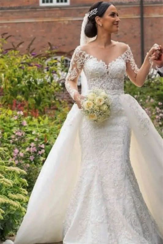 Long Sleeve V-Neck Lace Applique Mermaid Wedding Dress with Detachable Skirt BM bride