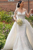 Long Sleeve V-Neck Lace Applique Mermaid Wedding Dress with Detachable Skirt BM bride
