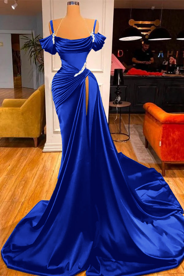 Green Chic Off the Shoulder Beadings Pleated Prom Dress Long With High Split BMBRIDE