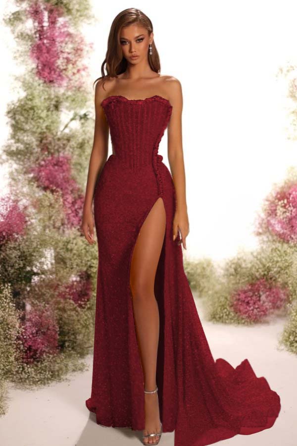 Strapless Sleeveless Long Split Prom Dress With Pleated Sequins BMBRIDE