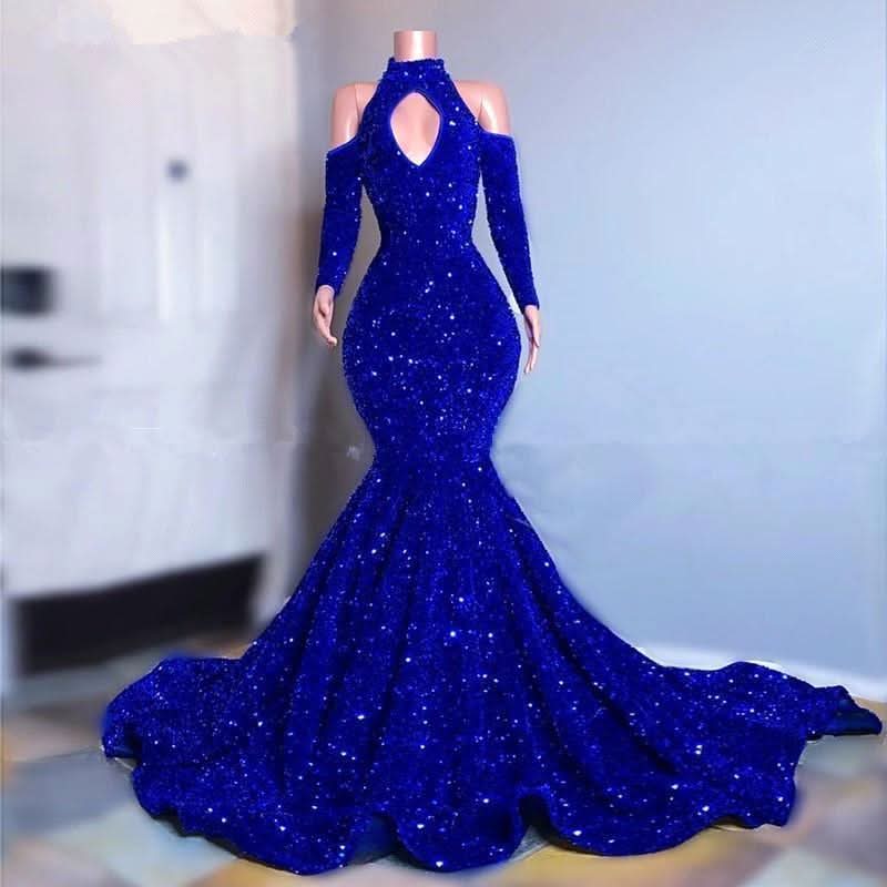 Royal Blue Long Sleeves Mermaid Prom Dress High Collar with Sequins BM bride