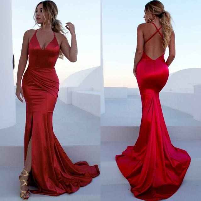 Modern Halter V Neck Sleeveless Long Prom Dress Mermaid With Front Split