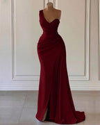 Sky Blue One-Shoulder Luxury Prom Dress Mermaid Split with Ruffles BM bride