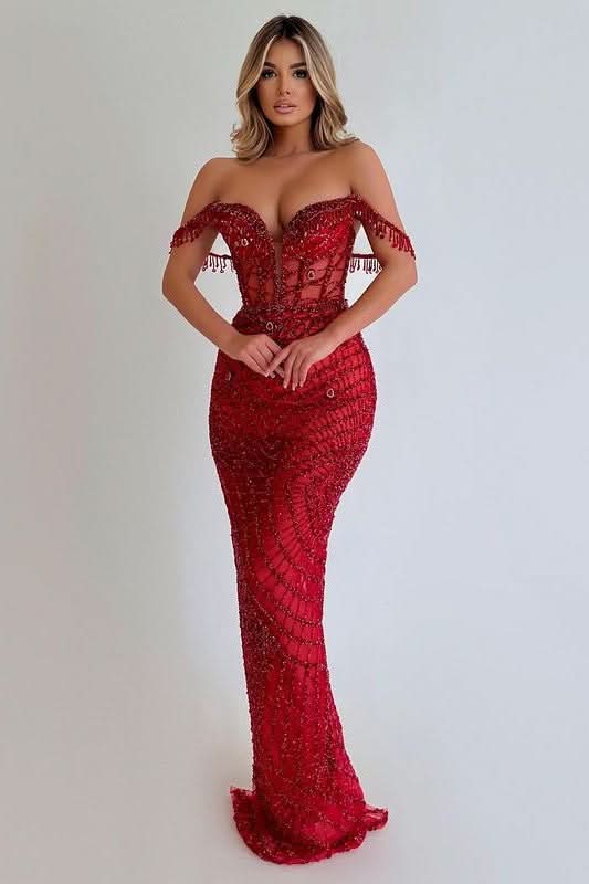 Sequins Red Sleeveless Prom Dress with Strapless Long Tassel BM bride
