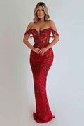 Sequins Red Off the Shoulder Prom Dress Sleeveless Strapless Long Tassel