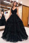 Sequins Long Black Tulle Prom Dress Sparkly V Neck Sleeveless Gown