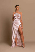 Light Pink Unique Sleeveless Halter Neck Long Prom Dress With Split For Prom
