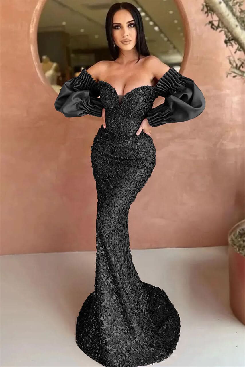 Off-The-Shoulder Mermaid Sweetheart Long Sleeves Evening Dress with Sequins BM bride