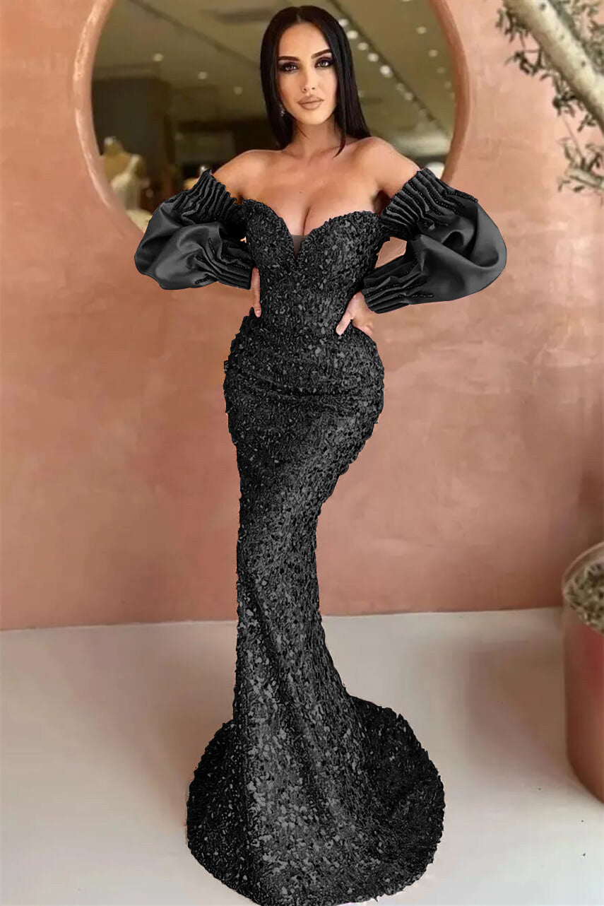 Off-The-Shoulder Mermaid Long Sleeve Evening Dress with Sequins BM bride