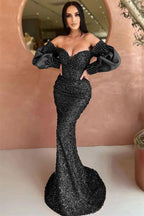 Off-The-Shoulder Mermaid Long Sleeve Evening Dress with Sequins BM bride