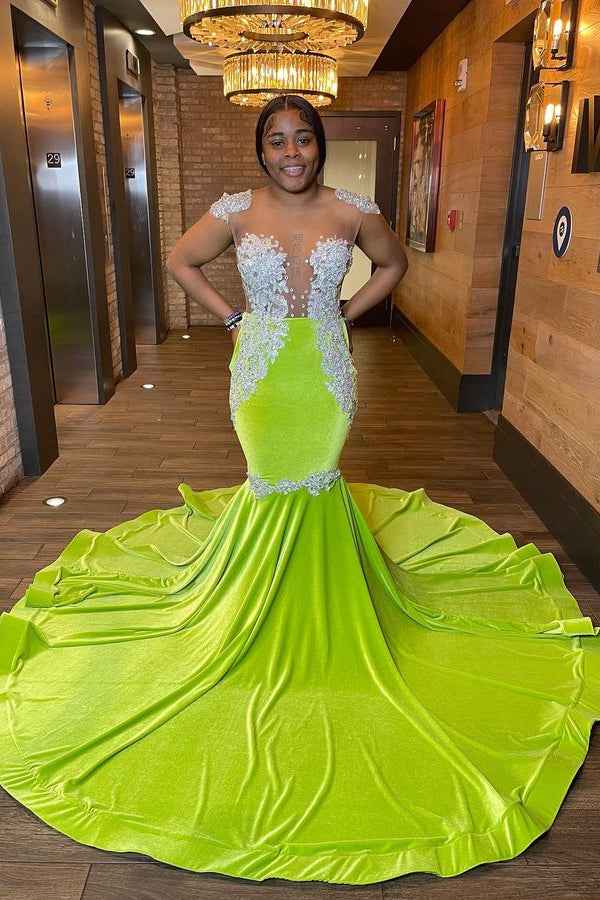 Exquisite Light Green Sleeveless Mermaid Long Prom Dress with Appliques