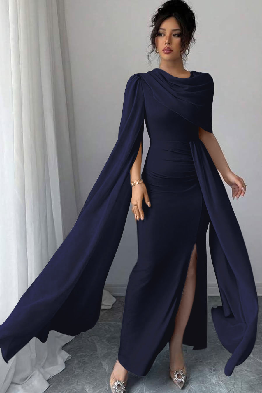 Sleeveless Jewel Neck Long Mermaid Prom Dress With Split Pleated