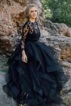 Vintage Black A-Line Long Sleeves Wedding Dress With Ruffles Appliques Lace Tulle BM bride