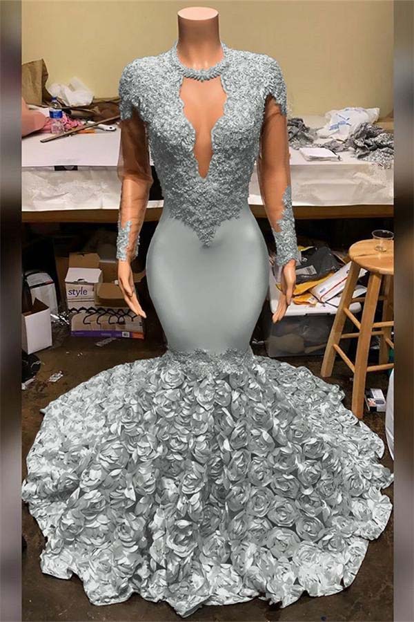 Elegant Mermaid V Neck Prom Dress Appliques Long Sleeves With Flowers Bottom BMBRIDE
