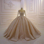 Bateau Long Sleeve Floor-Length Ball Gown Wedding Dress with Ruffles BM bride