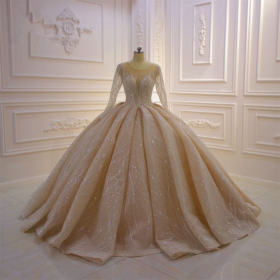 Bateau Long Sleeve Floor-Length Ball Gown Wedding Dress with Ruffles BM bride