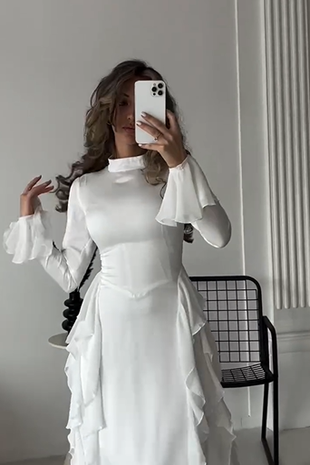 Charming White High Neck Long Sleeves High Waist Long Prom Dress With Ruffles