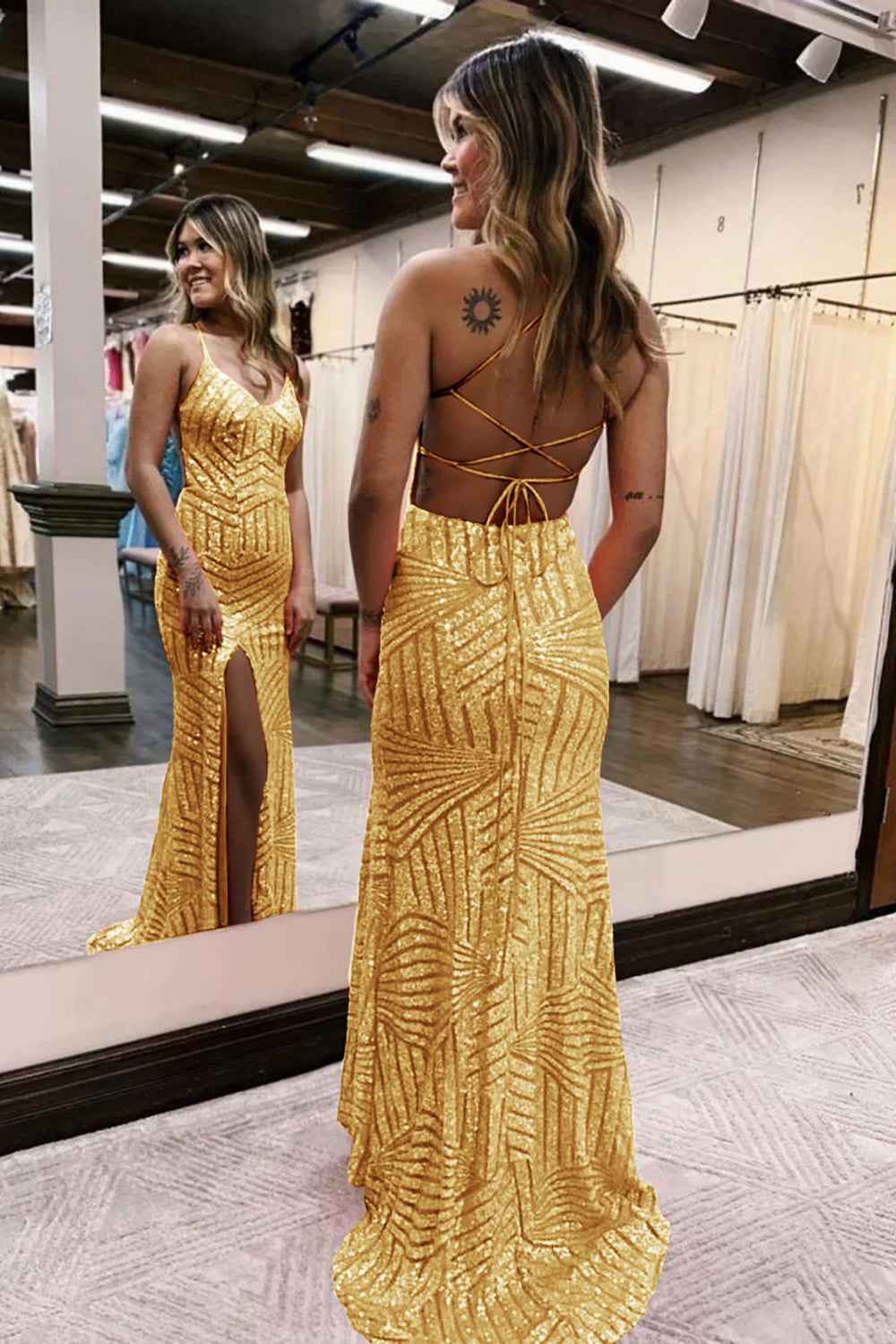Sheath Spaghetti Straps Orange Sequins Long Prom Dress with Criss Cross Back