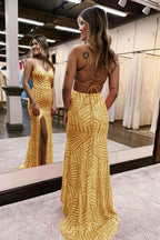 Sheath Spaghetti Straps Orange Sequins Long Prom Dress with Criss Cross Back