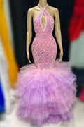 Tulle Prom Dress Sequins Mermaid Halter Sleeveless with Sequins BM bride