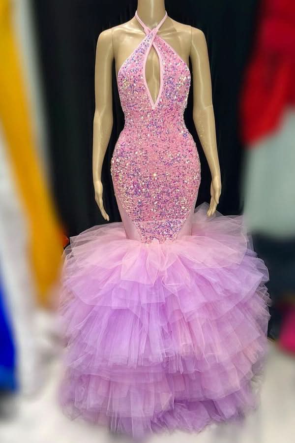 Tulle Prom Dress Sequins Mermaid Halter Sleeveless with Sequins BM bride