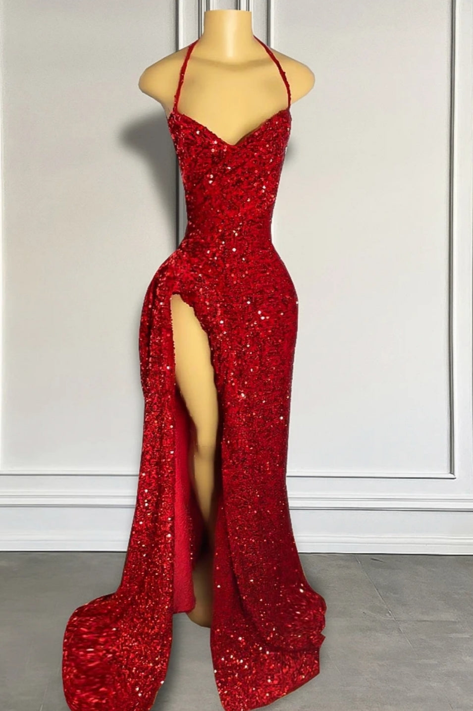 Halter Burgundy High Split Floor Length Prom Dress for a Stunning Appearance BM bride