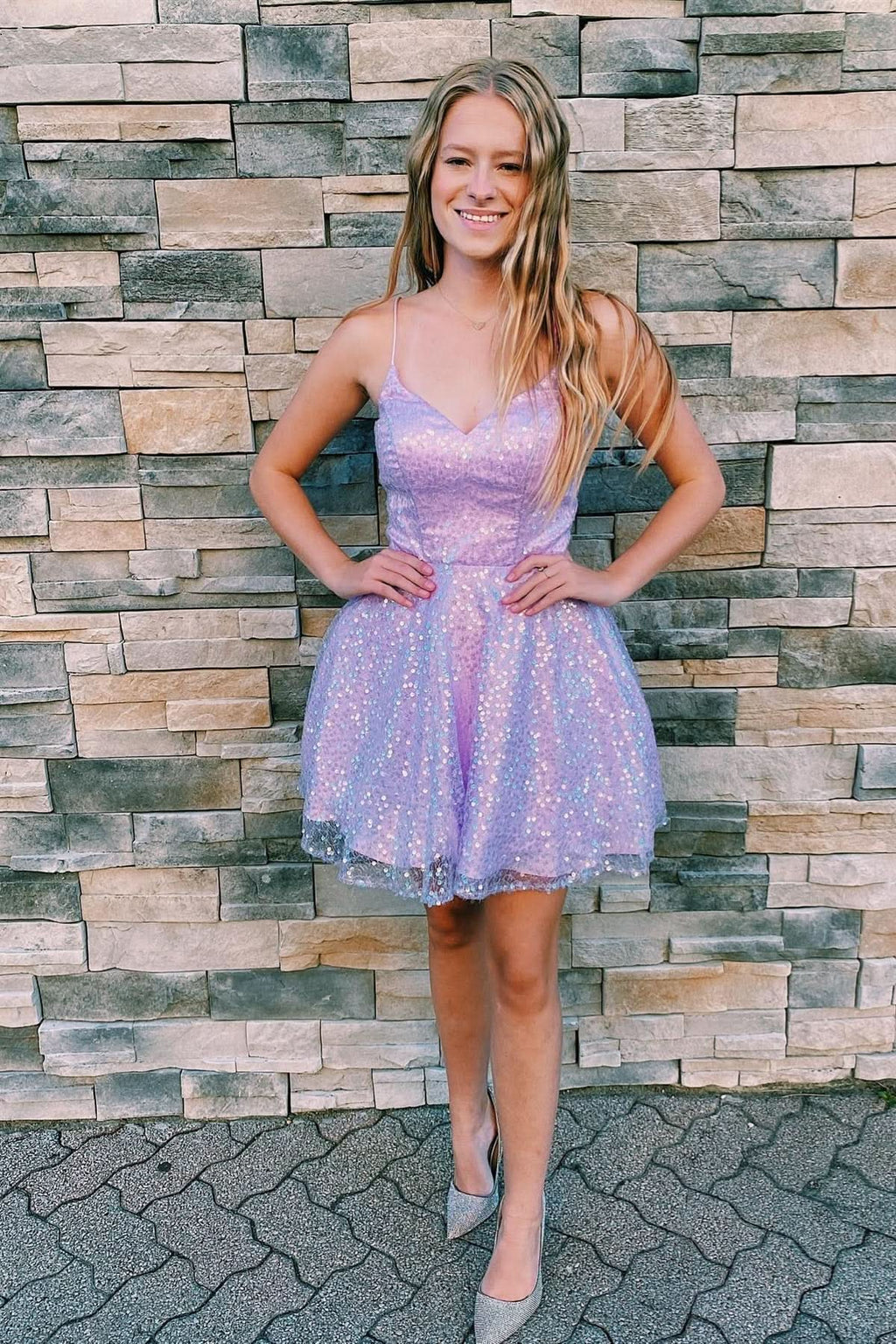 Lovely Lilac A-Line Sequins Straps V Neck Homecoming Dress BM bride