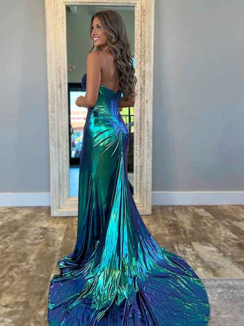 Dark Green Mermaid Sweetheart Metallic Corset Long Prom Dress with Slit BMBRIDE