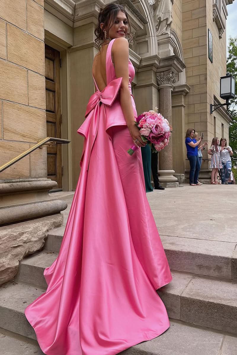 Sweet Mermaid V Neck Pink Satin Long Prom Dress with Big Bow BM bride