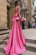 Sweet Mermaid V Neck Pink Satin Long Prom Dress with Big Bow BM bride