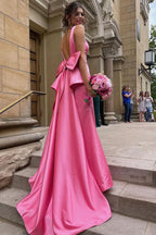 Sweet Mermaid V Neck Pink Satin Long Prom Dress with Big Bow BM bride