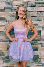 Lovely Lilac A-Line Sequins Straps V Neck Homecoming Dress BM bride