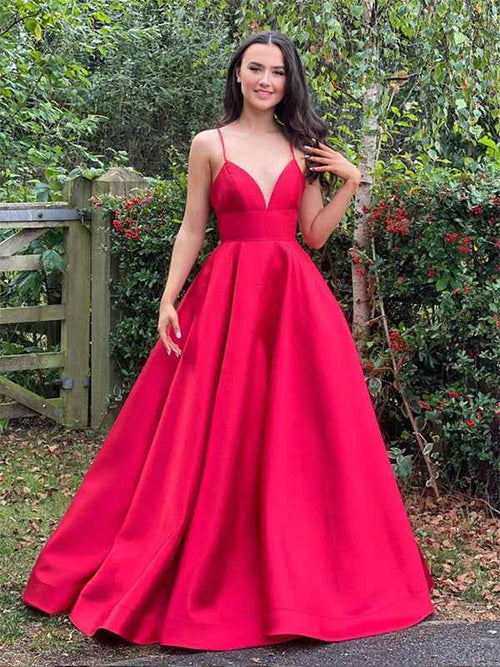 Red A Line Spaghetti Straps V Neck Satin Long Prom Dress BMBRIDE
