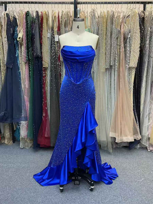 Mermaid Strapless Corset Bodice Long Prom Dress with Ruffle Slit BMBRIDE