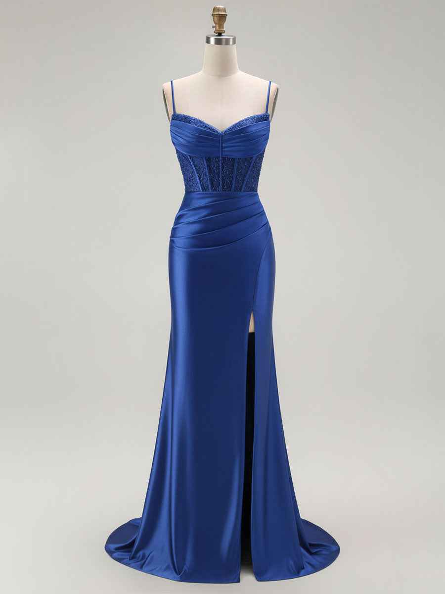 Sparkly Satin Mermaid Long Corset Prom Dress with Beading